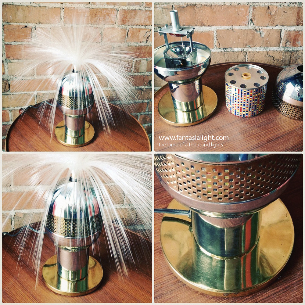 Fantasia Omni - Model 1500 - A sophisticated model that features a complex cut out base comprising of gold and silver finishes, that houses a revolving colorful dish, to create a simply stunning effect when illuminated. A sophisticated model that is one of Fantasia's dual concept lights, that features a colorful spinner in the base that emits colour-changing trippy light from the base. Designed by George Stadnik for Fantasia.