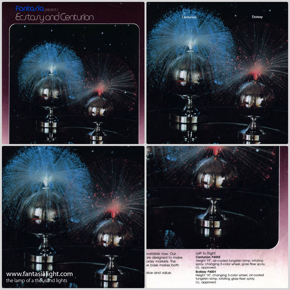 Centurion - Model 4002 - The classic iconic fiber optic design by Fantasia measuring 19" in height making it larger in comparison to Fantasia's Ecstasy model, which stood 14" tall. Centurion features a five colour wheel within for automatic colour changing and a static spray (non-rotating model). Brochure images are the kind courtesy of Fantasia designer George Stadnik. Produced for US and International Markets.