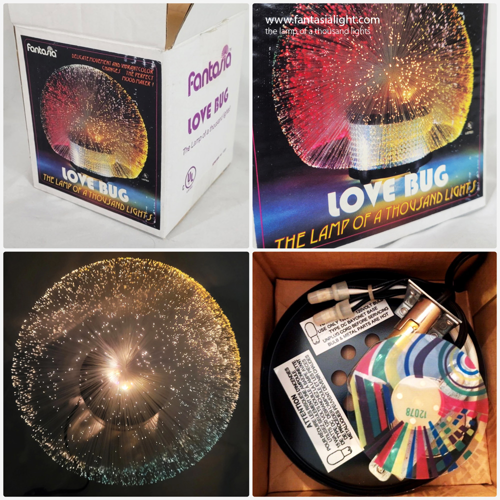 Fantasia Love Bug- Model 1001 - An inexpensive Fantasia design that featured a card tube base with a funky disco squares effect. This design has also been seen in a gold version. Earlier models of this fun lamp were produced in the USA and later by Vicon were produced abroad. We love the fun colourwheel inside these lamps.