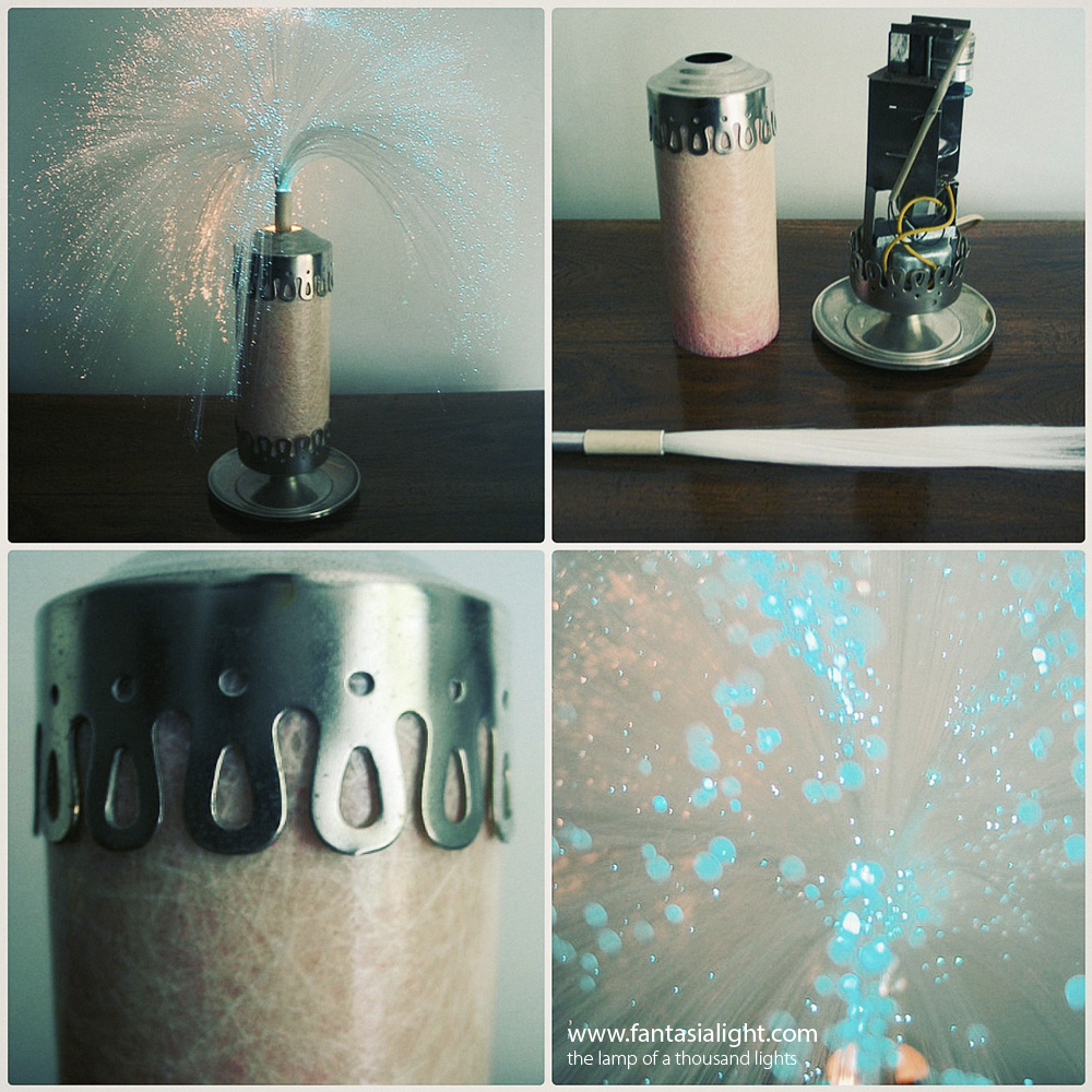 A similar concept to Fantasia Firefly, Fantasia's Love Story presents a trademark "sleeve-shaped" Fantasia fiber optic light design. Swapping the visual aesthetic of chrome and black seen in the highly popular Firefly design, Love Story has a soft dust pink sleeve and beautiful and ornate brass finished top and end caps. Brochure material by Fantasia also state a model of Love Story featuring a pink fiber optic spray exists, another variation is a black sleeve with the same ornate metalwork. Images are kind courtesy of Kristopher Steele.