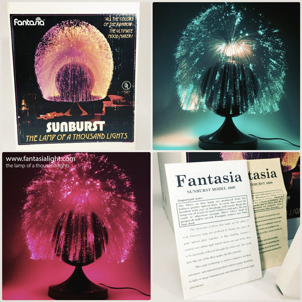 Fantasia Sunburst - Model 4000 (Many iterations of this design have been seen with a mirror silver finish, gold finish and later gloss midnight black) - A stunning giant ball lamp that features a giant spray. Sunburst - The king of table Fantasia lamps, with a pedestal ball base and a giant spray, guaranteed to turn heads anywhere. Sunburst is the classic, iconic, supreme, pedestal ball shaped fiber optic lamp which is the iconic shape of Fantasia. Images below are kind courtesy of 'constructedgoods' and 'buy4agreatdeal'.